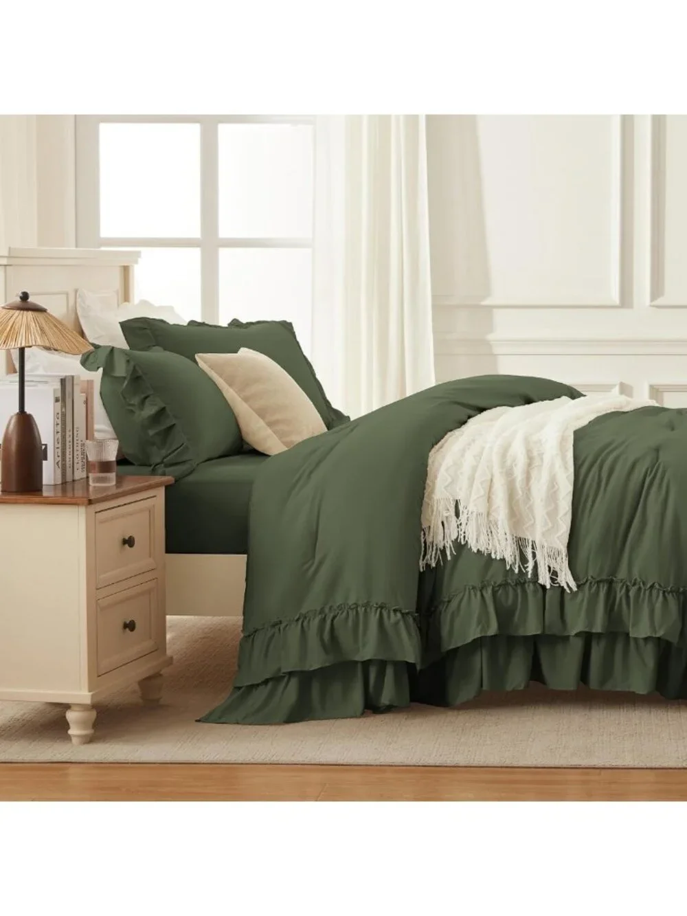 Olive Green Ruffle King Comforter Set - 3 Piece Solid Bedding for Cozy Home